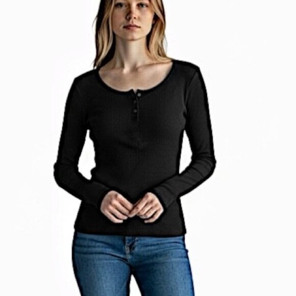 Esmara Tops - Esmara Long Sleeve Henley Ribbed Top Round Neck Tee Button Detail Black XL 16/18